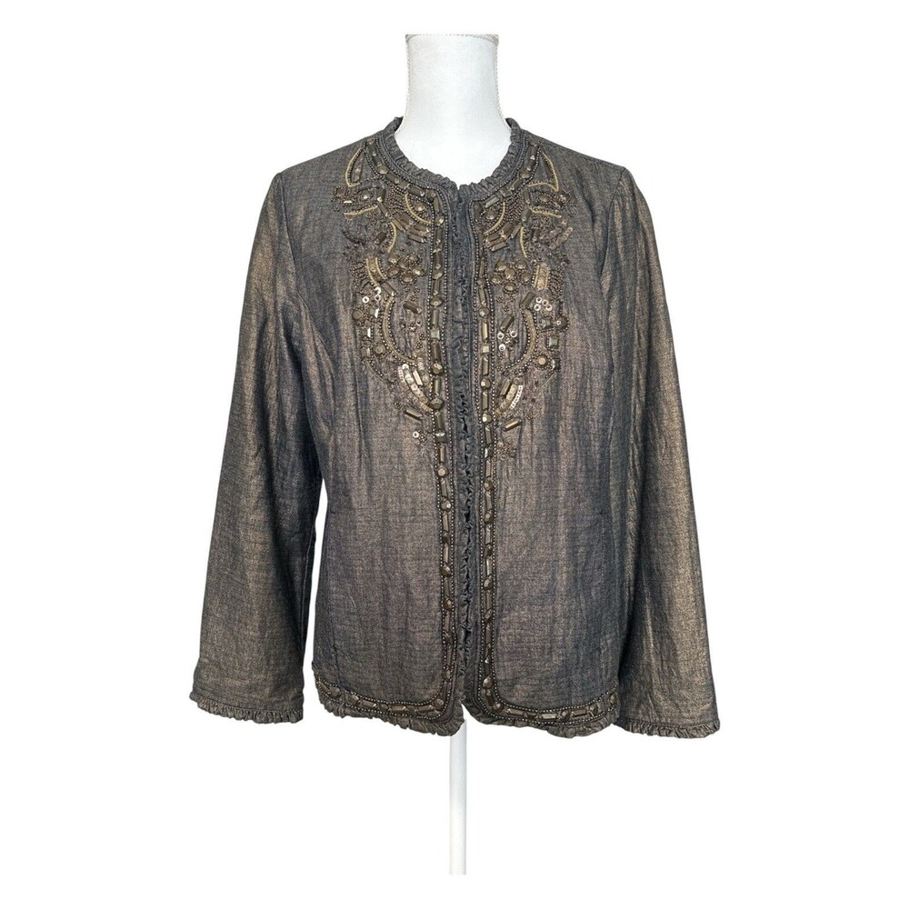 Chico’s Golden Trinket Royalty Beaded Metallic Jacket Gray Bronze Size 2 Large